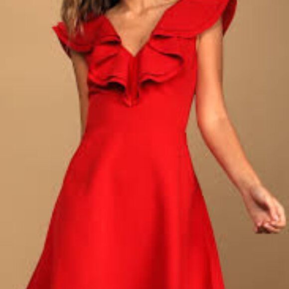 LULUS DIVINE DARLING RED RUFFLED SKATER WOMEN MINI DRESS SIZE MEDIUM BRAND NEW - Picture 1 of 7